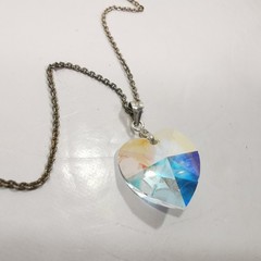 Vintage F.N.A. Italy Sterling Silver Chain Iridescent Crystal Heart Pendant 925