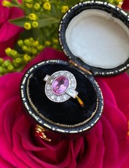 Art Deco Style Oval Pink Sapphire and Lab Created Diamond 14K White Gold FN Ring