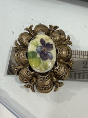 Vintage Victorian Revival Floral Porcelain Purple Violets Cameo Style Brooch