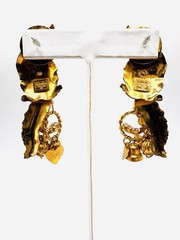 Vintage Lunch At The Ritz Cat Earrings Signed Moveable Rhinestone Bells Hearts