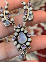 Sterling multi gem necklace vintage made in India. rare. Amethyst, moonstone