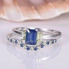 2.2Ct Emerald Cut Lab Created Sapphire & Diamond Engagement 14K Gold FN Ring Set