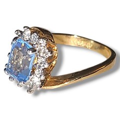 Vintage 18K HGE Light Blue CZ Halo Cocktail Ring Gold Tone Statement Size 8