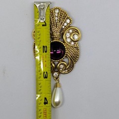 JEFF LIEB Vintage Brooch Pin Glass Rhinestones Cabochon Faux Pearl Purple