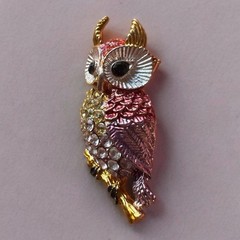 Vintage Owl Brooch Pendant Rhinestone Figural Enamel Gold Tone Jewelry