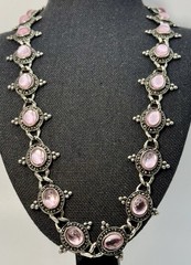 Vintage Silver Beaded & Marcasite Collar Necklace, Bezel Set With Pink Cabochons