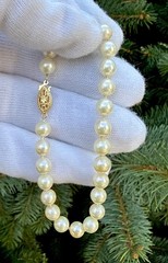 14K Solid Yellow Gold Clasp 6.4mm Beaded White round Pearl Bracelet -7.5”
