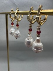 White Baroque Pearl Earrings With Carnelian Accent, Melting Lever back