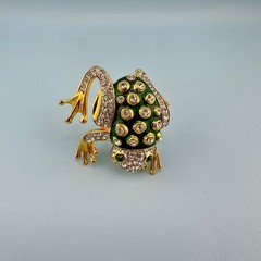 Vintage Rhinestone Green Enamel Frog Brooch Shiny Gold Tone Leap Jump Figural