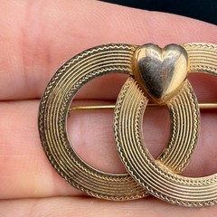Vintage Gold Filled Brooch Double Circle Heart Love Wedding