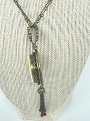 Victorian Revival Necklace Antiqued Brass Ruby Red Beads Pendant Dangle