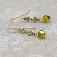 Vintage Style Gold Floral Green Crystal Earrings, Gift for Her, Daughter