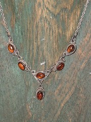Vintage 925 Sterling Silver Genuine Amber Cabochon Necklace Baltic Style 14.75″