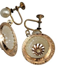 Vintage Pinwheel Faux Pearl Drop Screw Back Earrings Dangle Etched Gold Plated