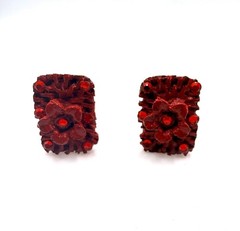 Vintage Jeff Lieb red wicker wood rhinestone flower rectangle clip on earrings
