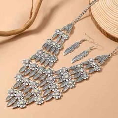 Silver Tone Leaf Crystals Accent Dangle Necklace Earrings Set