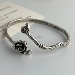 Vintage Flower Retro Rose Cuff Bangle Set Sterling Silver Women Jewelle Bracelet