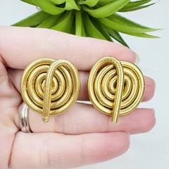Vintage Jeff Lieb Industrial Brutalist Metal Spiral Gold Tone Clip On Earrings