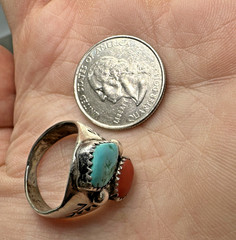 Vintage Sterling Turquoise Coral Unisex Ring Signed VL Vera Luna Size 8.5