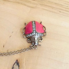 Scarab Beetle Pink-Coral Enamel Rhinestone Necklace Pendant Long Chain Charm