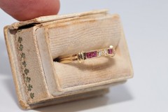 Vintage Circa 1980s 18k Gold Natural Diamond And Caliber Cut Ruby Ring