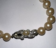 Faux Pearl Necklace Hand Knotted Cream Pearls 32″ Silver Tone & Diamanté Clasp