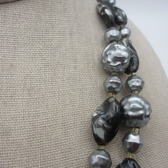 Vintage Hong Kong Necklace Beaded Black Gray Double Strand 23 Inch