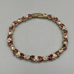 Vintage Monet Bracelet Red Clear Rhinestone Tennis Gold Tone Womens Jewelry