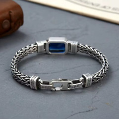 S925 Sterling Silver Couple Style Hand-Knitted Bracelet Old Vintage Stone Men
