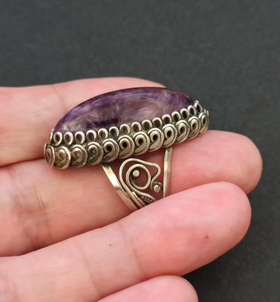 VTG Filigree Ring Large Marquise Amethyst Stone Boho Bohemian Cabochon Purple