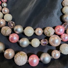Vintage Japan-Stamped Pink Gray 3 Strand Beaded Bib Necklace Faux Pearl Crystal