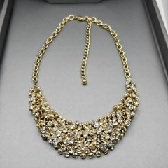 Gold-Tone Statement Necklace & Drop Earrings Set w/ Prong Set Clear Rhinestones