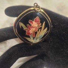 Vintage Cloisonne Enamel Floral Orchid Pendant Black Gold Tone Square 1.25 Inch