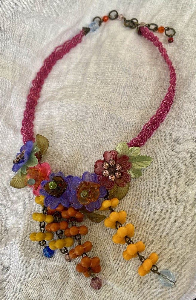 Vintage Glass & Lucite Beaded Floral Necklace with Rhinestone Accents 14-16” Adj