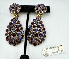 Vintage Oscar de La Renta Gold-Tone With Blue & Purple Crystal Drop Earrings