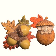 Vintage Hallmark Fall Autumn Brooch set Anthropomorphic Mouse Leaves Acorns 1986