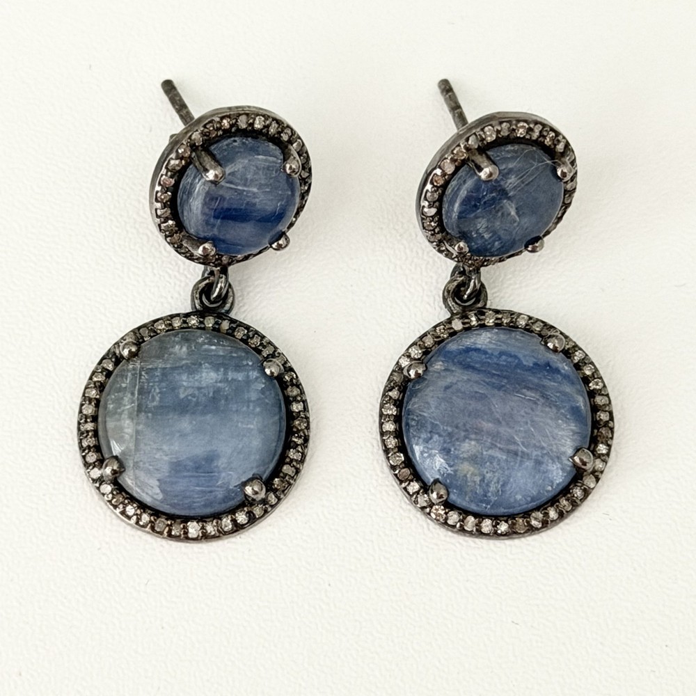 Vintage 925 Sterling Silver Blue Kyanite Diamond Halo Dangle Earrings
