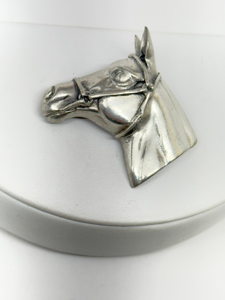 Vtg 1990 Elios Horse Brooch pin Silver Plated Pewter signed Figural Equestrian