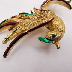 Vintage Bird Of Paradise Brooch Gold Tone Red Green Enamel Rhinestone Tropical