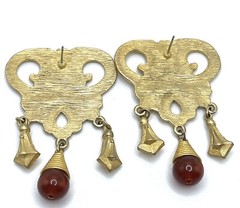 Vintage Etruscan Revival Brushed Gold Drop Dangle Lucite Red Carnelian Earrings