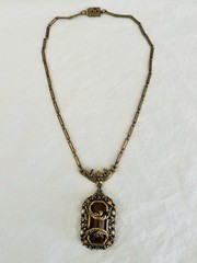 Vintage Amber Necklace with Filigree Detail Victorian Art Nouveau Czech Style