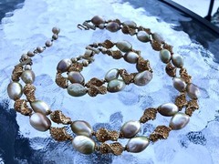 Vtg MCM Crown Trifari Faux Baroque Pearl Swirl Gold Spike Necklace & Bracelet