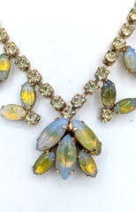 Vintage Givre Glass Necklace Rhinestone Blue Green Opalescent Prong Set