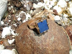 14K Gold Lapis Lazuli Signet Statement Ring Mid Century Deco two-tiered square 7