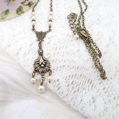 Victorian Pearl Necklace: Antique Brass Romantic Floral Handmade Vintage Jewelry