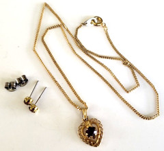 Vintage February Amethyst Gold Tone Heart Necklace & Stud Earrings Set in Card