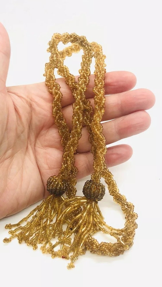 Art Deco Topaz Beaded & Woven Topaz Glass Necklace Flapper Vintage Jewelry