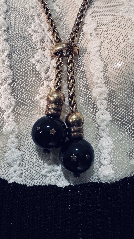 Vintage TALY 925 STERLING 78g Italy BOLO Wheat Chain Necklace Bijoux?Onyx Balls