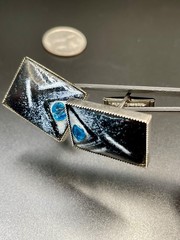 Vintage Mid Century Modernist Enamel Rectangle Silver Tone Cufflinks Art Glass