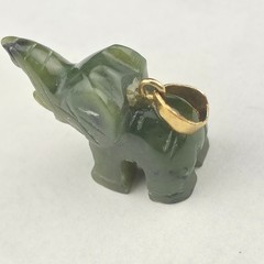 Vintage 28mm Dark Green Nephrite Jade Lucky Elephant Trunk Up Pendant Gold Fill